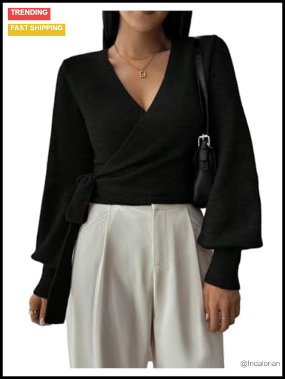 Cropped V Neck Wrap Sweater Knot Side Bishop Sleeve Slim Fit Knit